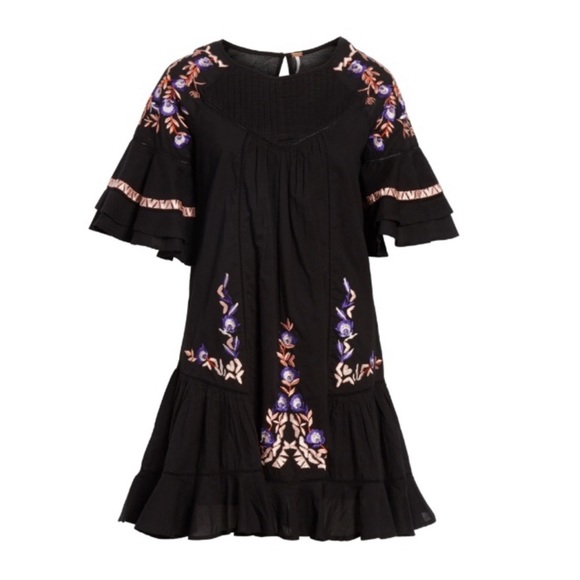 Free People Pavlo Embroidered Babydoll Tunic Mini Dress Black Floral Boho XS - Picture 9 of 12